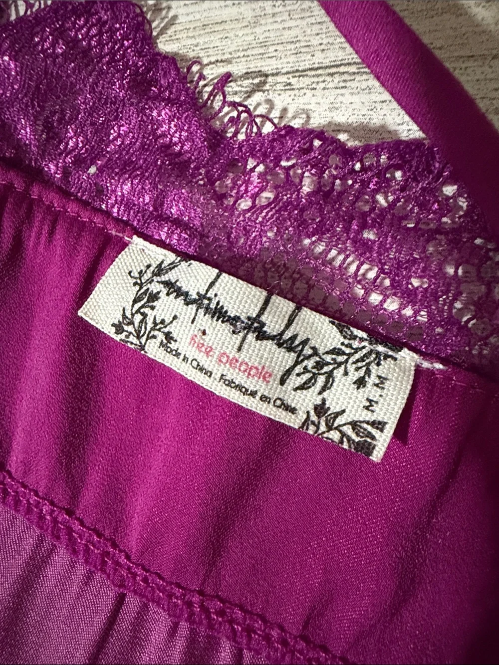 Free People Magenta Lace-Trim Satin-Look Bodysuit Size M